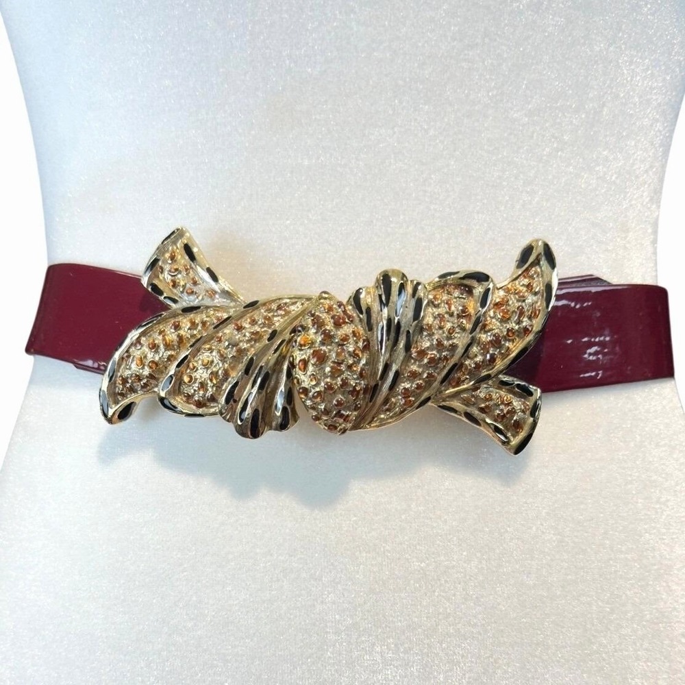 Vintage Mimi di N 1987 Burgundy Patent Leather Belt Amber Rhinestone Buckle Glam